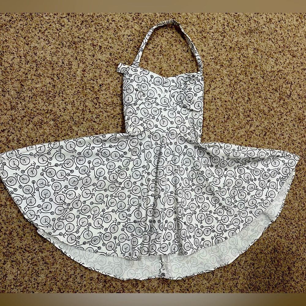 IXIA fit and flare dress. Halter or strapless. Bicycle print